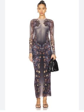 AFRM Long-Sleeve Floral Mesh Maxi Dress in Purple and Black